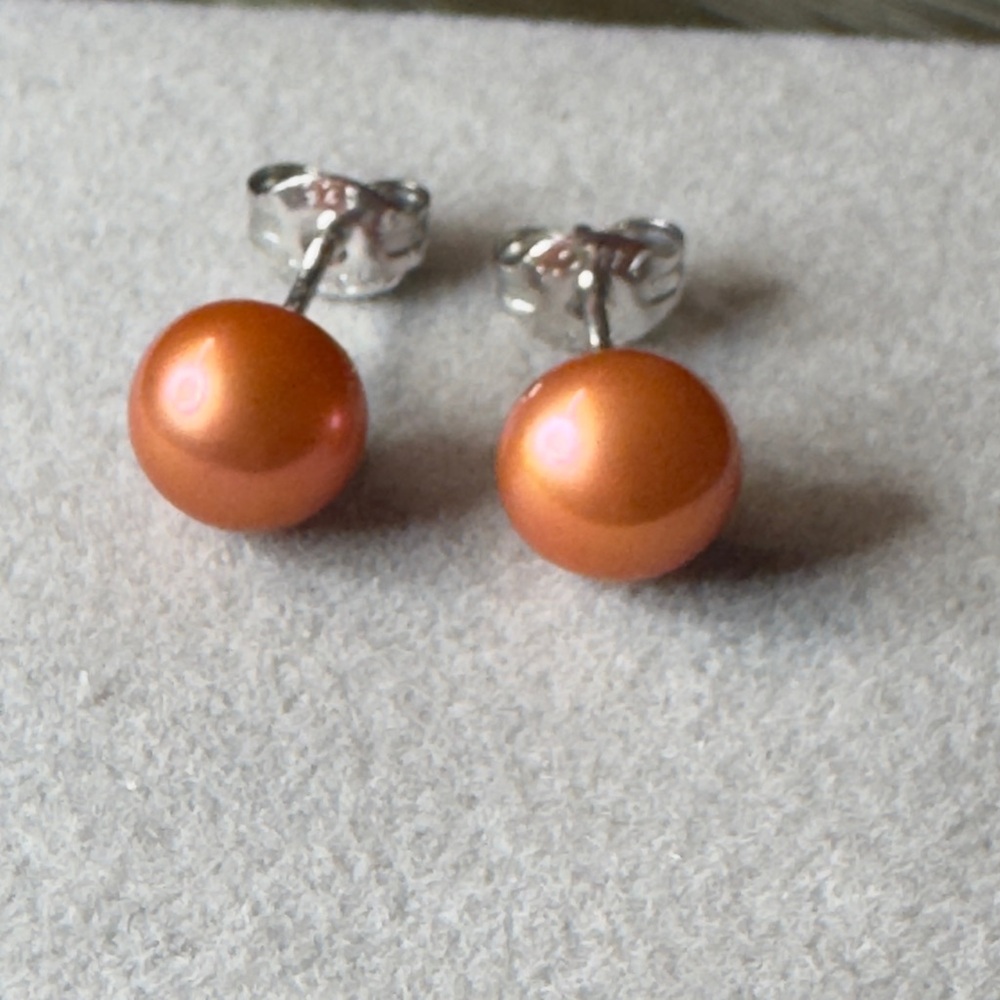 7MM Dyed Cultured Pearl Earrings on 925 Sterling Silver Posts NWOT Coral